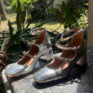 Vicenza Triple-Strap Silver Metallic Mary Jane Block Heels